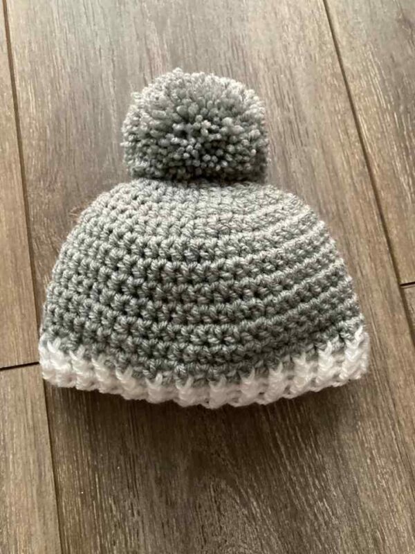 Grey With White Trim Baby Pompom Hat 1-720x960