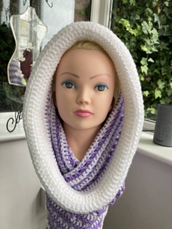 Purple and White Peek-a-Boo Cocoon Cowl